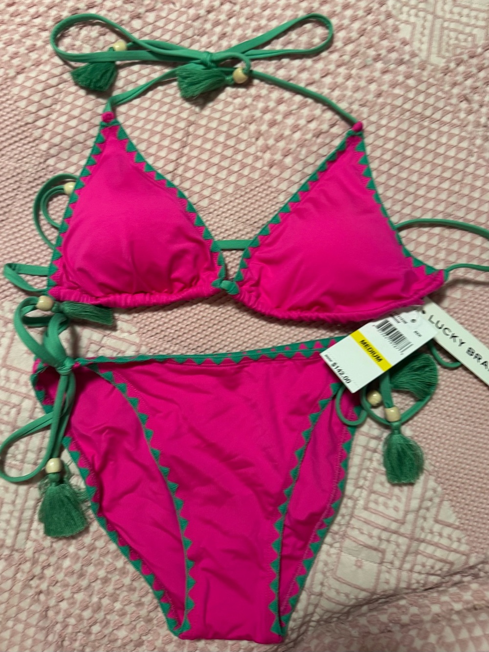 Lucky Brand Hot Pink and Green Triangle Bikini Set
